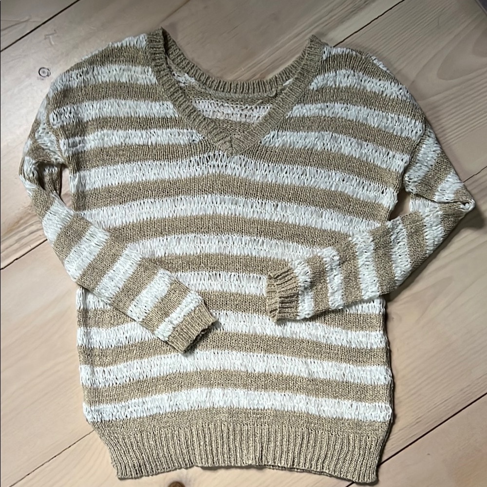 John + Jenn Tan and White Crew Neck Sweater